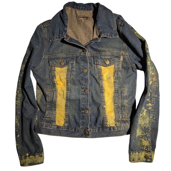 Vtg Y2K Formula Blue Yellow Distressed Paint Splatter Cotton Denim Jacket 40 8 - Picture 1 of 5